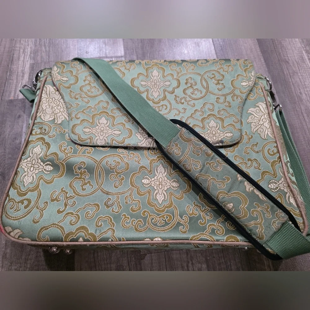Abbi New York Jade Green Satin Laptop Messenger Bag Asian Vintage Bohemian